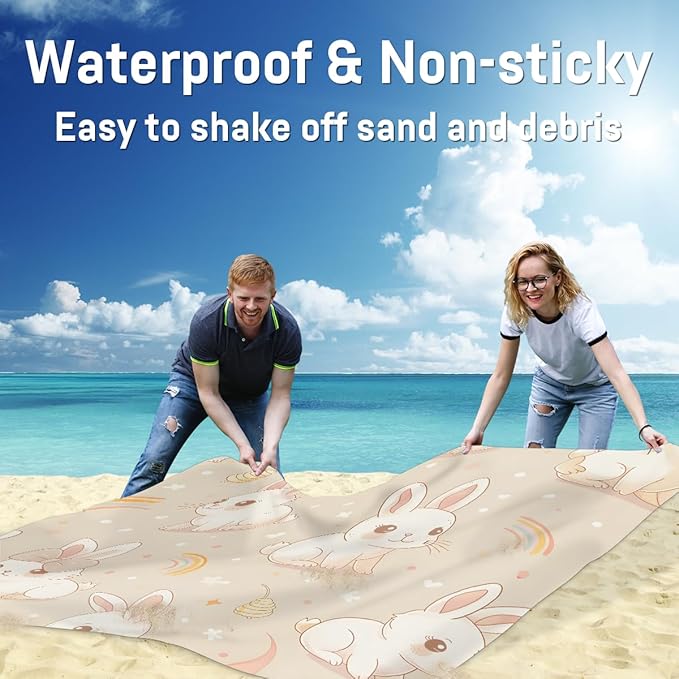 Waterproof Sandproof Beach Blanket 59''×68'' Animals Rabbits Polyester Outdoor Picnic Blanket with 4 Stakes &amp Storage Bag for BeachCampingVacation Beige