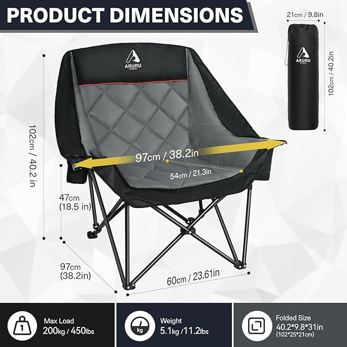 Oversized XL Camping Chair for Adults Heavy Duty | 450LBS Support Padded Folding Lawn Chairs with Side Pocket Cup Holder Cooling Bag for Outdoor Sports Garden Beach Fishing