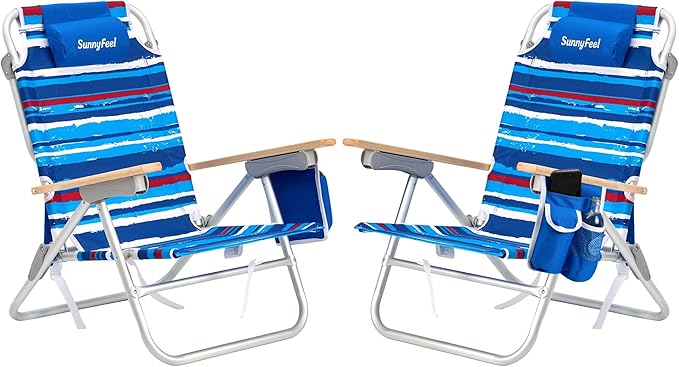 SUNNYFEEL Folding Beach Chair Aluminum Heavy Duty Beach Chair with 5-Position Portable Camping Chair for Adult Low Back Wood Armrest Lightweight 300lbs Blue Stripe 2 Pack