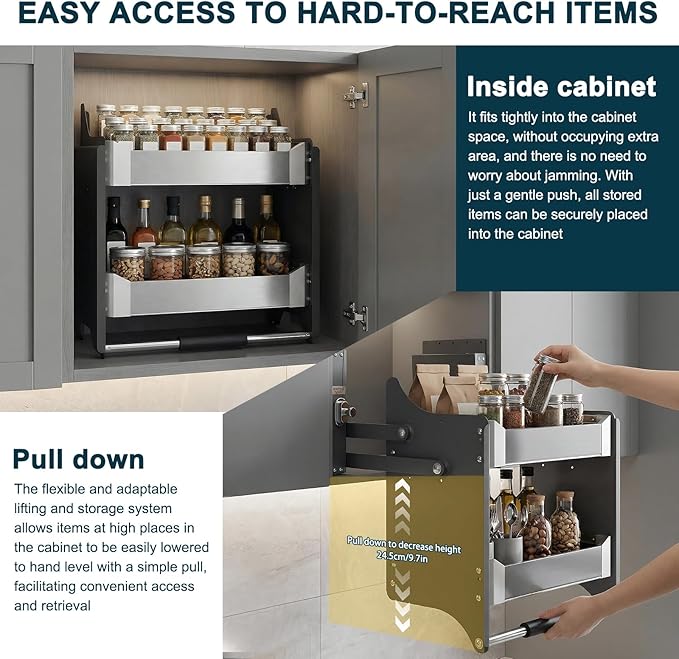 2 Tier Heavy Duty Pull Down Shelf 22.2-22.4 Inch Width 11 Inch Depth 22 Inch Height Shelf Organizer for Kitchen Pots Pans &amp Pantry Storage