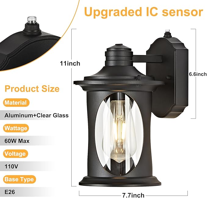 OKELI 2-Pack Dusk to Dawn Outdoor Wall Lights Black Exterior Lighting Fixture Wall Sconces with E26 &amp Tempered Glass Rust Resistant Outside Lantern Lights Wall Mounted for Porch