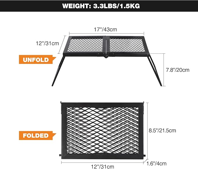REDCAMP Folding Campfire Grill Heavy Duty Steel Grate Portable Camp Fire Cooking Rack Over Fire Pit with Carrying Bag for Outdoor BBQ Camping