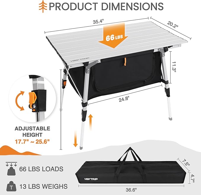 HEYTRIP Folding Camping Table with Storage Bag Roll-Up Aluminum Portable Beach Table Adjustable Height Picnic Table Grey