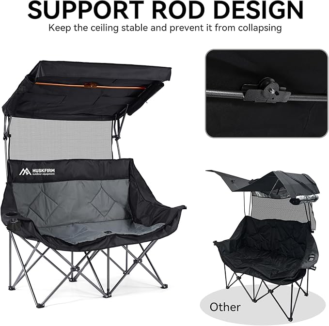Double Camping Chair with Canopy Shade Folding Double Beach Chair with Adjustable Canopy Heavy Duty Loveseat Camping Chair with Two Cup Holders and Carry Bag for Outside Beach Fishing Sports