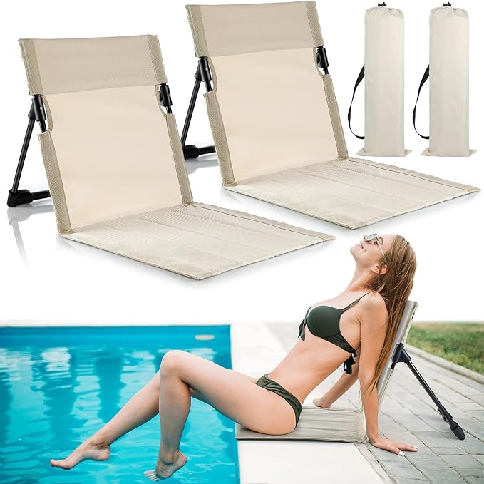 Karenhi 2 Pcs Foldable Poolside Chairs Portable Beach Chair Folding Poolside Chairs for Edge of Pool for Adults Traveling Camping Picnic Lawn Accessories (Light Beige)