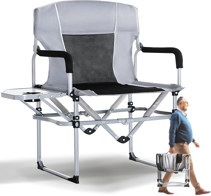 SHALLWE Oversized Director Chairs No Assembly Heavy Duty Folding Chair with Side Table for Camping Fold Up Outdoor Lawn Chairs for Adults Light Grey