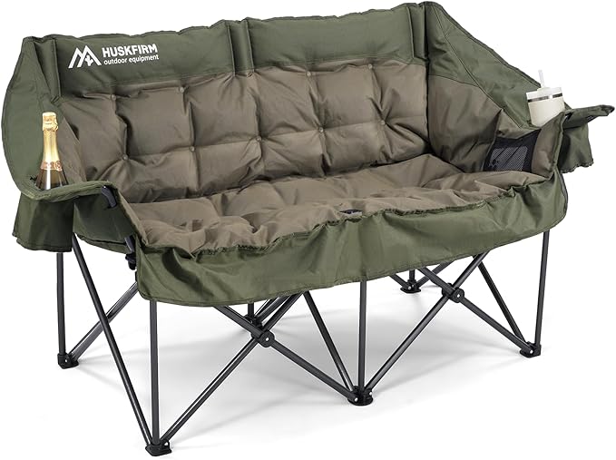 Double Camping Chairs Padded Loveseat Chair for 2 Person - Heavy Duty Oversized Camping Couch for Adults Outdoor Lawn Beach - Portable Folding Sofa with Cup Holders and Carry Bag Green