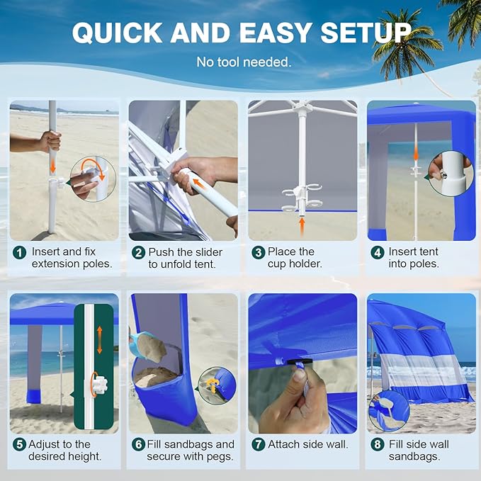 Rhino Valley Beach Cabana 8*8FT Beach Tent UPF50+ Protection Easy Setup Beach Canopy Wind Resistant with Cup HolderCompact Beach Shade Foldable Beach Tent Sun Shelter for Whole Family FriendIndigo