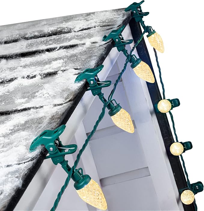 C9 LED Christmas Lights Outdoor 68 Feet 100 LED Strawberry String Lights With 100 Spring Clamps Waterproof Commercial Grade Extendable for Outside Roofline Patio Home Xmas Decoration Warm White
