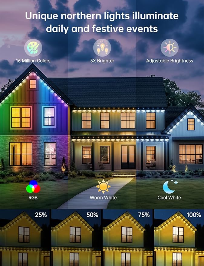 Permanent Outdoor Lights for House RGB+IC Christmas Eave Lights 120ft with 88 LED Warm White IP68 Waterproof Smart Starry Outside Light with App/Remote for Holiday Halloween Daily Lighting(Black)