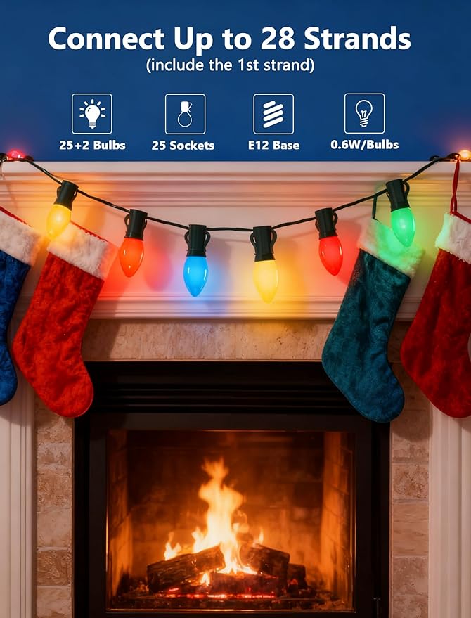 25Ft C7 LED Multicolor Christmas Lights Outdoor C7 Vintage Christmas String Lights with 25 Shatterproof Colorful Bulbs Hanging Retro Christmas Tree Lights for Party Backyard Garden Patio Holiday