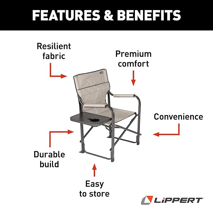 Lippert Components Scout Plus Director Chair with Side Table for Camping Foldable Steel Tube Frame 600D Polyester UV and Water Resistant PVC Coating 400 lb. Weight Capacity Sand - 2021123282