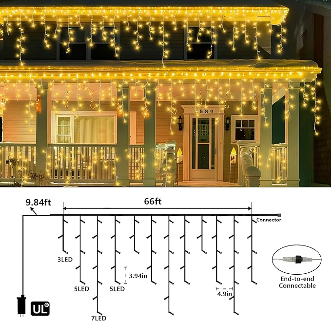 QITONG Warm White Icicle Lights for Outside 66ft 800 LED String Lights Indoor with 8 Modes Clear Wire Connectable Icicle Christmas Light Plug in