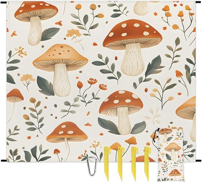Waterproof Sandproof Beach Blanket 59''×68'' Plant Mushrooms Polyester Outdoor Picnic Blanket with 4 Stakes &amp Storage Bag for BeachCampingVacation White