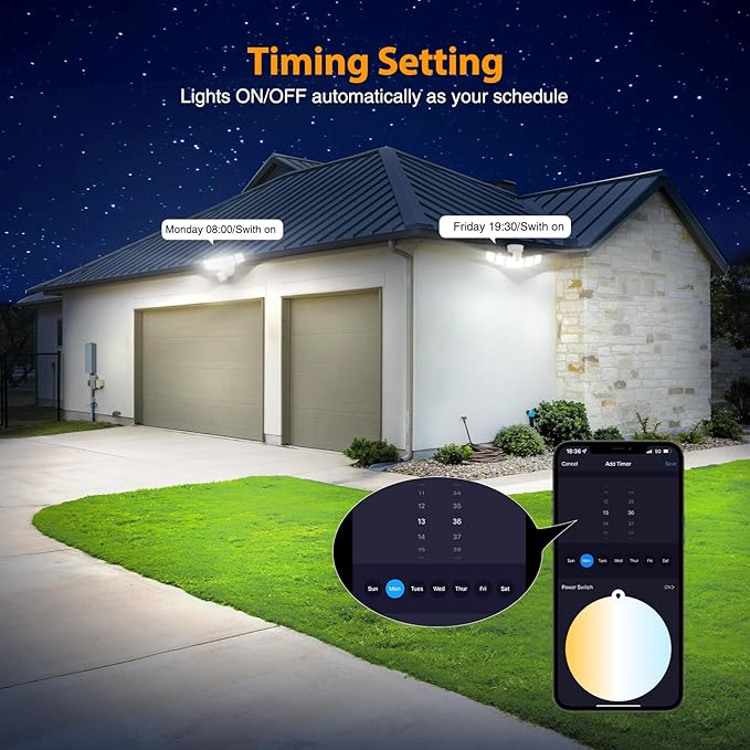 Onforu 5 Heads 120W 12000LM Smart LED Security Lights Motion Sensor Outdoor APP Control 340° Illumination WiFi Alexa Flood Ligh 2700K-6500K Exterior Motion Detector IP65 Wall Light for Yard White