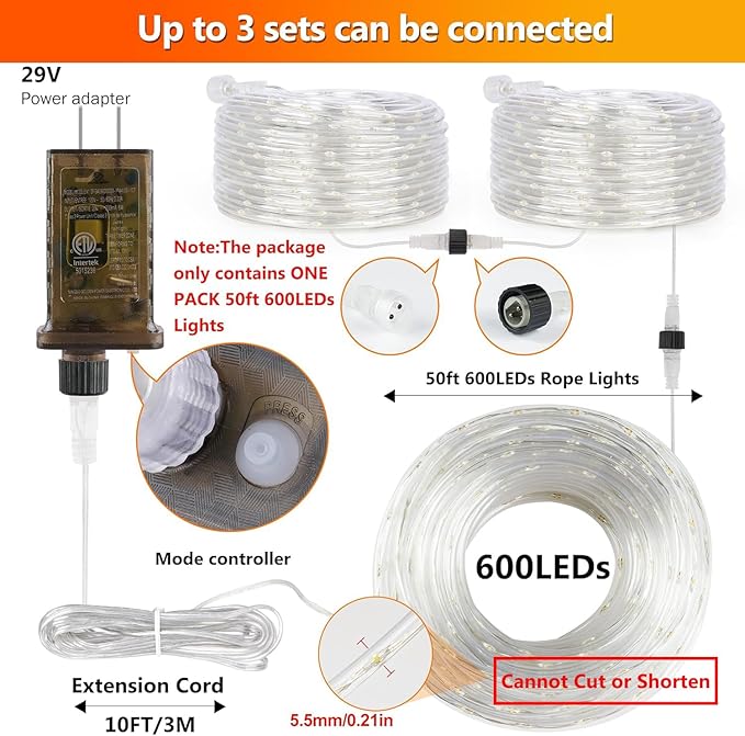 Connectable Outdoor Rope Lights 50ft 600 LED Warm White Strip Light Plug in for Indoor with Waterproof 8 Modes Outdoor String Lights for Camping Garden Backyard Patio Deck Pool Tree Décor