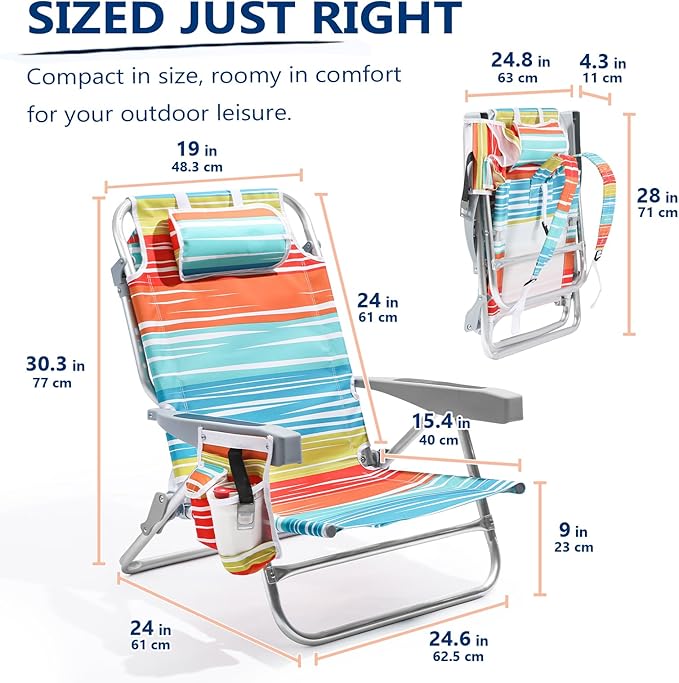 5-Position Aluminum Lay Flat Backpack Beach Chair 2 Pack Compact Portable Low Beach Chairs for Adults Beach Chair with Cooler Pouch Storage Pouch Towel Bar Cup Holder Multicolor Stripe 2 Pack