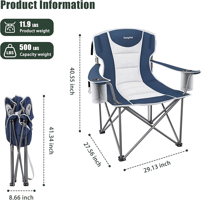 SUNNYFEEL Oversized Camping Chair 2 Pack for Big &amp Tall Adults Heavy Duty Folding Camp Chair Supports 500 lbs High Back Lawn Chair with Cup Holder Portable Outdoor Chair for Camping Fishing &am