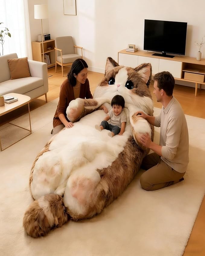 Giant Fluffy Plush Cat Sleeping Bag for Human Adults Adorable Animal Shaped Cozy Soft Warm Blanket Envelope Cute Slumber Bags Floor Lounger Gift for Camping Travel Sleepovers &amp Home Lounging