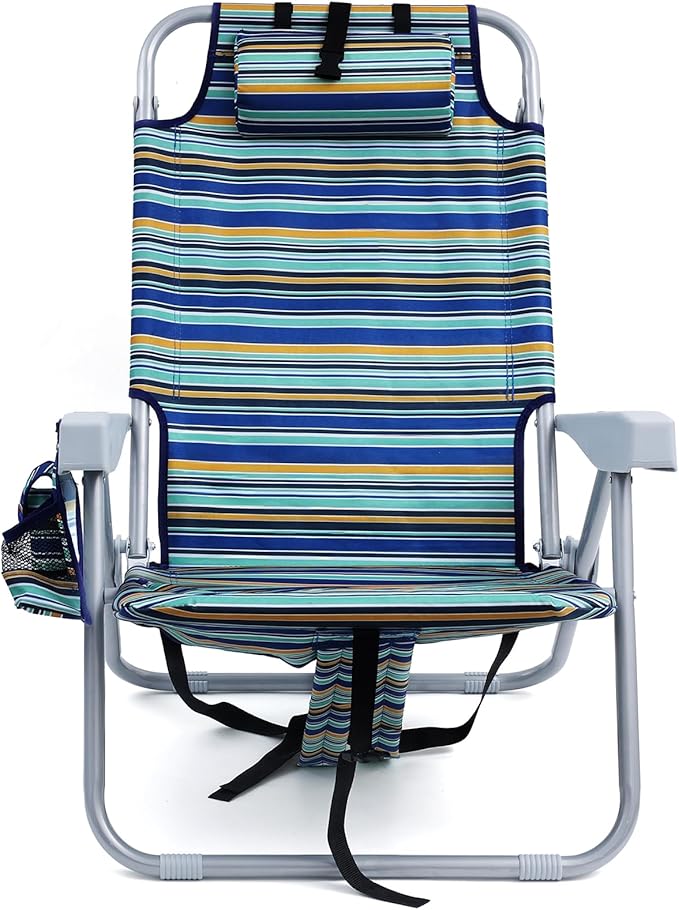 Backpack Beach Chair for Adults Folding Beach Chair with 4 Positions Heavy Duty Chair with Large Cooler Pouch Support to 350LBS (Stripes_Blue&ampCyan&ampYellow)