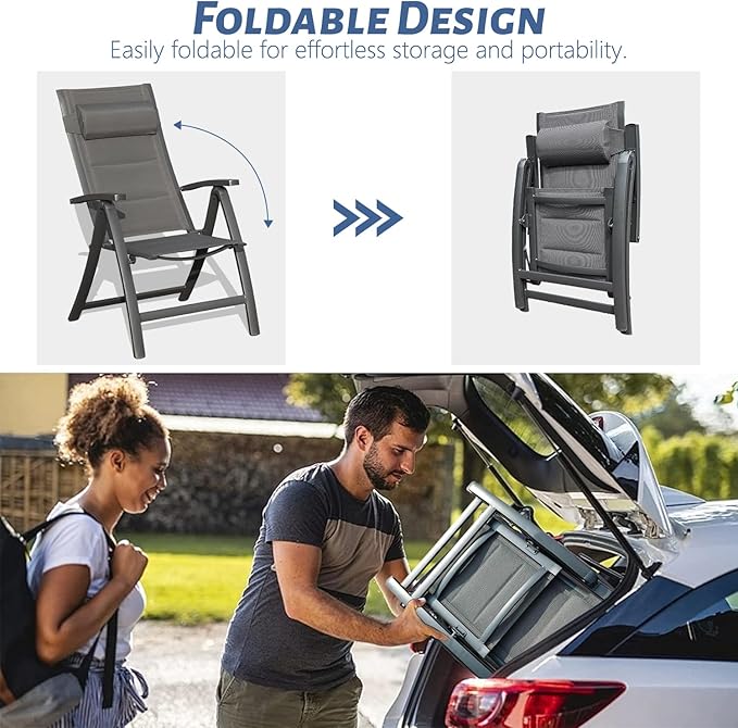 Domi Patio Outdoor Sling Chairs Set of 2 with Moveable Headrest Folding Chairs Outdoor Reclining Camping Chairs with Armrest Adjustable High Backrest and Padded Textilene Fabric Seat