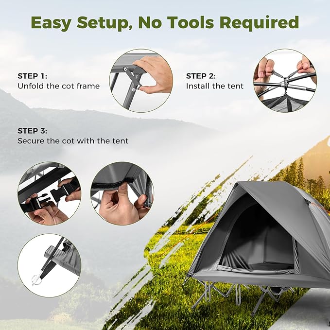 GYMAX 2-Person Tent Cot 3 in 1 Folding Off-Ground Cot Bed Combo with Portable Wheeled Bag Waterproof Rainfly 2 Mesh Doors &amp Skylight Roof for Hiking Backpacking Outdoor