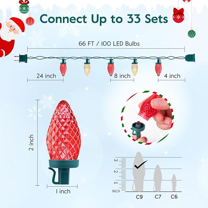 C9 LED Christmas String Lights 66 ft 100 LED Strawberry Roof Lights Commercial Grade Waterproof Extendable for Indoor Outdoor Roofline Home Xmas Decor Red and Warm White