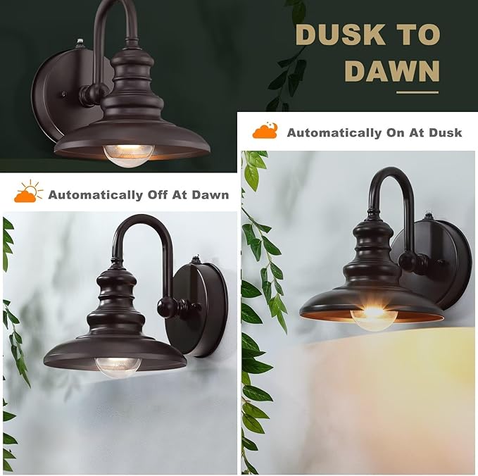 LONEDRUID Dusk to Dawn Sensor Outdoor Gooseneck Barn Light Fixtures Brown Exterior Wall Sconce Lighting Modern Outside Porch Lantern Waterproof Farmhouse Wall Mount Lamp for House Garage Patio