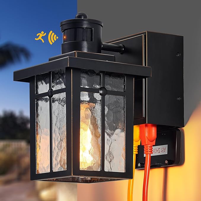Porch Lights with GFCI OutletDusk to Dawn Motion Sensor Outdoor Lights3 Lighting Modes Black Front Door LightWaterproof Exterior Light FixtureOutside Wall Lamp for House Patio Garage