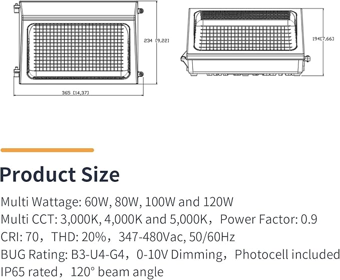 LED Wall Pack Light High Voltage 347-480 Vac with Dusk to Dawn Photocell 60W/80W/100W/120W Selectable 3000K/4000K/5000K IP65 Outdoor Wall Pack Lighting ETL DLC Listed 2PK