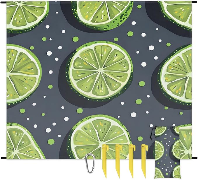 Waterproof Sandproof Beach Blanket 59''×68'' Sour Lemon Slices Polyester Outdoor Picnic Blanket with 4 Stakes &amp Storage Bag for BeachCampingVacation Fruit