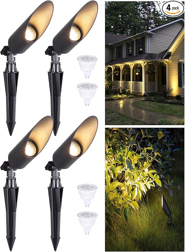 LEONLITE 9 Inch Low Voltage Landscape Spotlight 12V LED Outdoor Landscape Lighting with 7W 3000K MR16 Bulbs Max 50W GU5.3 Base Die-Cast Aluminum Uplighting for Garden Tree Yard Black Pack of 4