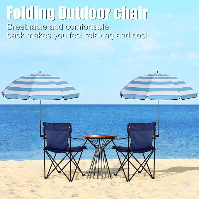 2 Sets Beach Chair with Umbrella Foldable Camping Chair Fold up Umbrella with Universal Clamp Large Portable for Outdoors Fishing Camping Hiking Travel Picnic Beach (Navy BlueGray)
