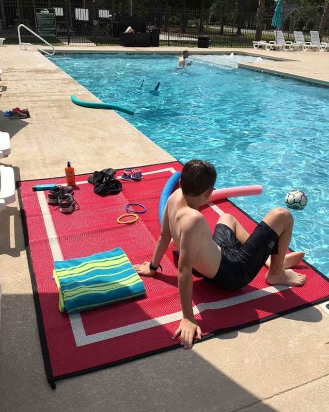 Mountain Mat 5x7 Red Outdoor RV Mat – Extra Thick 5mm Recycled Polypropylene Rug – Heavy-Duty Waterproof Reversible – Luxury Outdoor Rug for Camping Patio Beach (Red NO Carry Bag 5'x7')