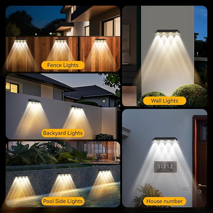 11.81inch Solar Fence Lights Outdoor Waterproof 3-Mode (3000K/4000K/6000K)4 LED with Upgraded High-Efficiency Solar Panel &amp Wide Beam for Backyard/Patio/Deck/Step/Home Improvement(4 Pack)