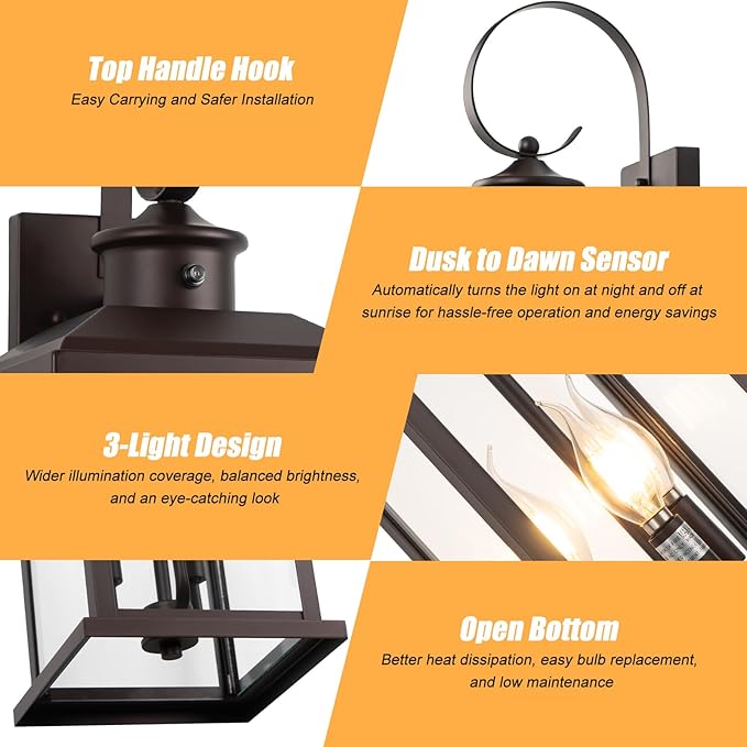 24 Dusk to Dawn Outdoor Wall Sconce: Bronze Large Porch Light 3-Light Waterproof Modern Exterior Lighting Fixture Wall Mounted Outside Lamp for House Garage E12