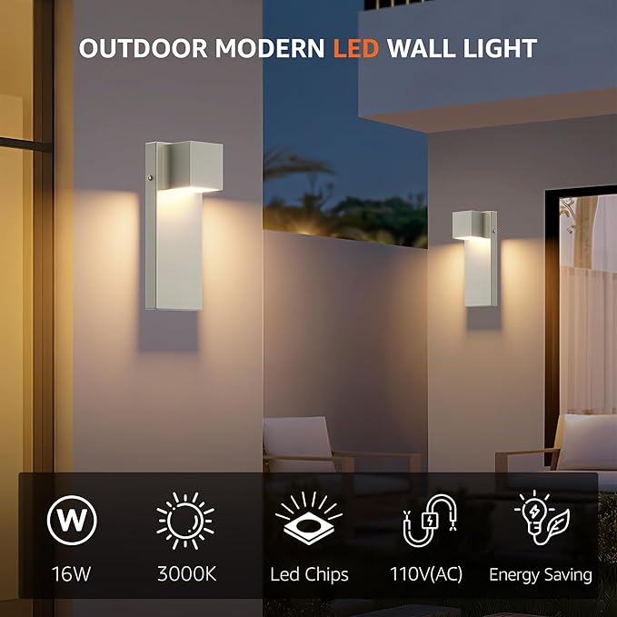 2 Pack 13 Modern Outdoor Led Wall Light16W 3000K 1200Lumen Porch &amp Patio Hardwired Wall Mount Wall SconcesExterior IP65 Waterproof Aluminum Wall Lamp for Front Door Garage Garden(Nickel)