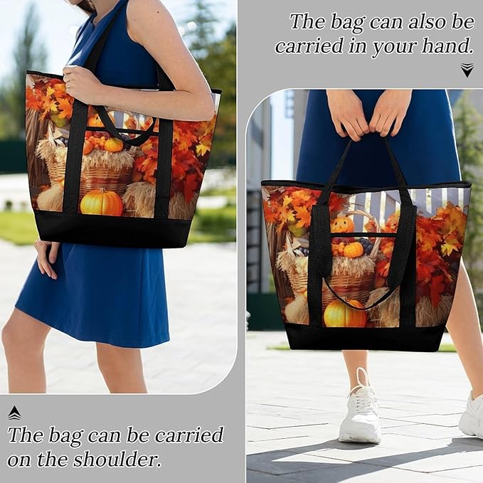 Insulated Shopping BagLarge Reusable Cooler Bags Autumn Thanksgiving Printed Foldable Shopping BagTravel Waterproof Shoulder Bag