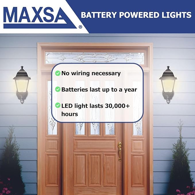 Maxsa 44219 Premium Wireless Battery-Powered Motion-Activated Decorative Outdoor Wall Sconce Lighting Fixture Cool White LED Metal Housing Black