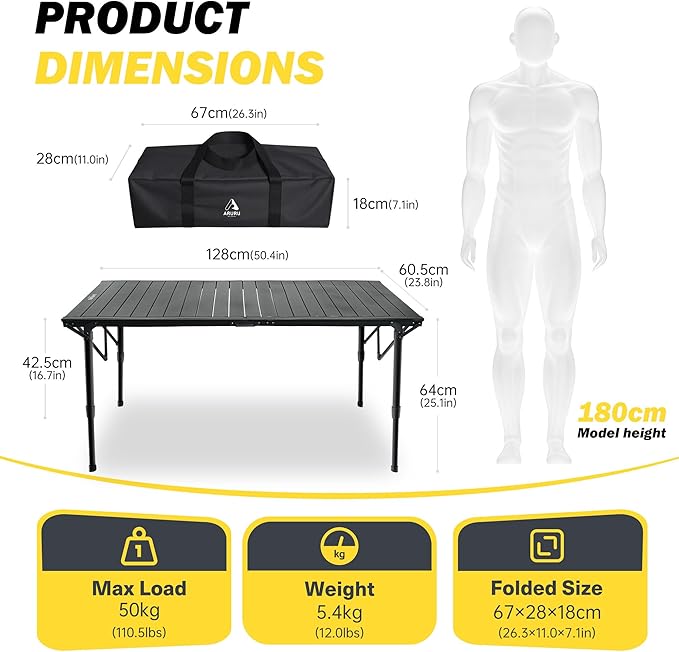 50 Large Folding Camping Table with Adjustable Hight Legs for 2-6 People - Heavy Duty Foldable Camp Table with Roll-Up Aluminum Picnic Table Portable Outdoor Table for CookingBeachBBQParty
