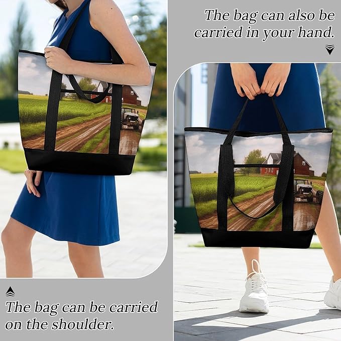 Insulated Shopping BagLarge Reusable Cooler Bags Country Road with Farm And Tractor Printed Foldable Shopping BagTravel Waterproof Shoulder Bag