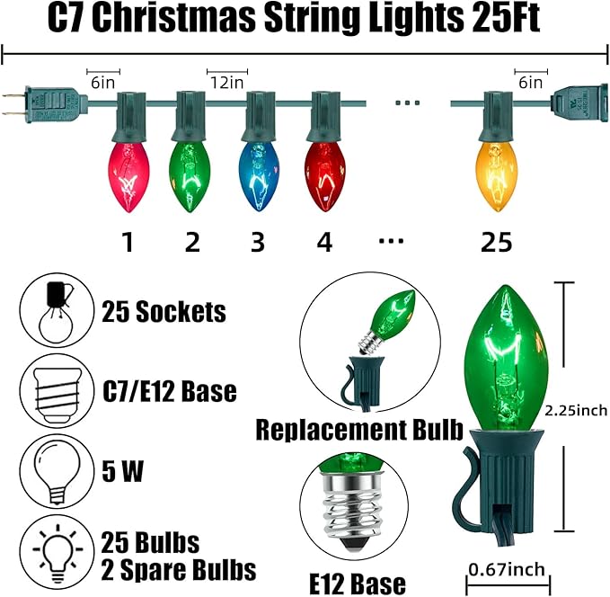 25FT C7 Christmas Lights Outdoor Clear Multicolor Christmas Lights with 27 Clear Colorful Bulbs (2 Spare) Hanging Vintage Christmas Light for Christmass Day Prom Party Wedding Decor Green Wire