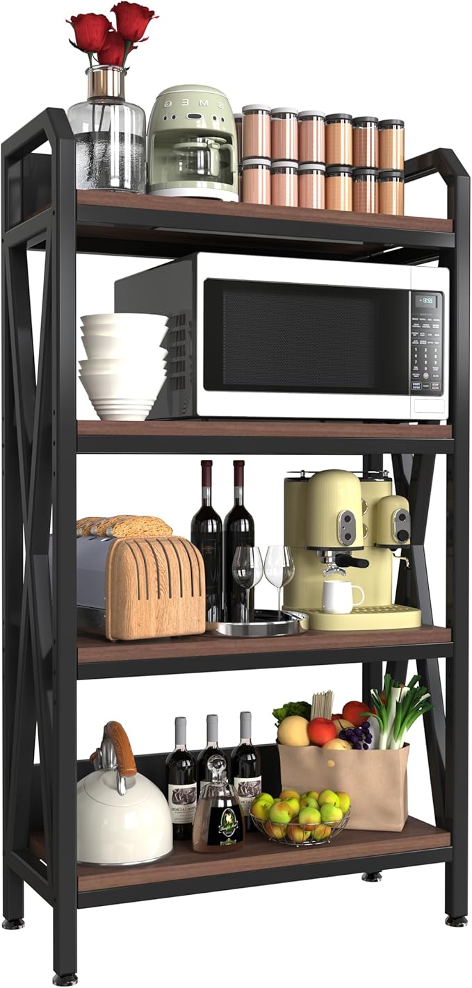 4-Tier Bakers Rack 56 Kitchen Storage Shelf Metal &amp Wood Open Shelving Unit for Pantry Garage Bathroom Living Room - Adjustable Freestanding Organizer Black Brown