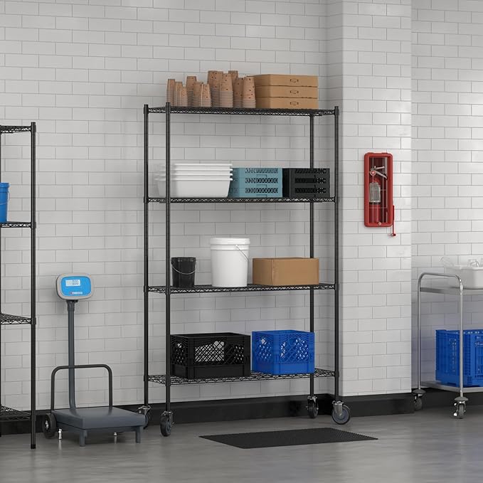 Commercial NSF Listed Black Epoxy Mobile Wire Shelving Kit 14 x 48 x 80 with 4 Shelves Perfect for Warehouse Walk-in Refrigerator Freezer Grocery Store Restaurant Dishroom