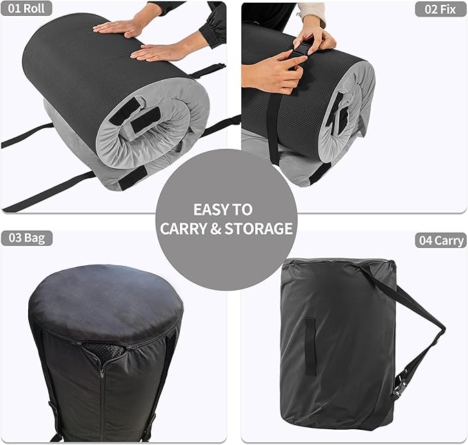 3 Inch Memory Foam Camping Mattress Pad Dual Layer Thick Sleeping Camp Mat for Sleepover Car Tent Portable Roll Up Mattress for Adults with Travel Bag