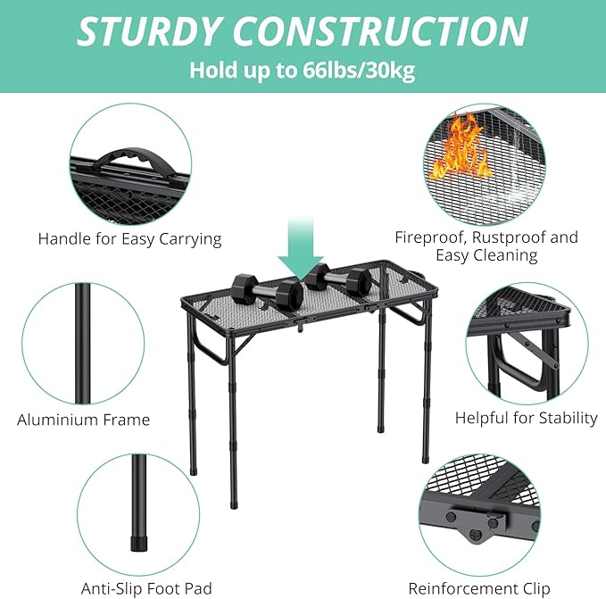 VINTEAM Folding Grill Table with Mesh Top 3 Adjustable Heights Lightweight Portable Camping Table Black Aluminum Alloy BBQ Picnic Table for Outdoor Cooking Tailgating Beach RV &amp Backyard
