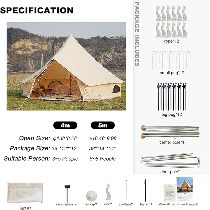 Glamcamp Bell Tent4 Seasons Breathable Cotton Canvas Yurt Tent - w/Stove JackLuxury Camping Tent OutdoorZipped Removable Floor