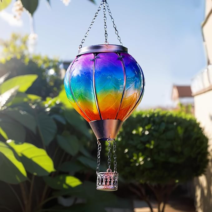 Solar Hot Air Balloon Lantern with Flame Hanging Glass Hot Air Balloon Solar Lantern Waterproof Decorative Outdoor Hot Air Balloon Solar Light for Outside Garden Patio (Purple Gradient)