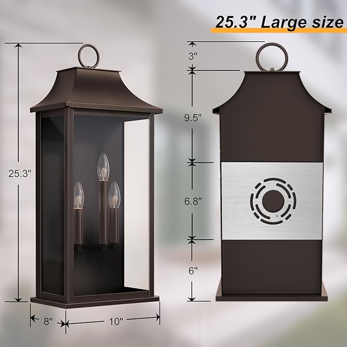 Dusk to Dawn Outdoor Wall Lights 3-Light Oil Rubbed Bronze Exterior Lighting Fixtures 25.3 Large Outdoor Wall Sconce Waterproof Outside Wall Lantern for Porch Patio Garage