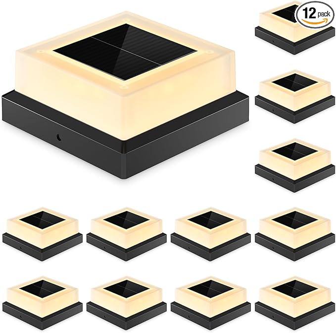 4x4 Solar Post Cap Lights 12pack Fence Post Solar Lights Outdoor Waterproof with Warm White LightingBlack Waterproof Cap Post Lights fit 3.5x3.5/4x4 Wooden/Vinyl Posts